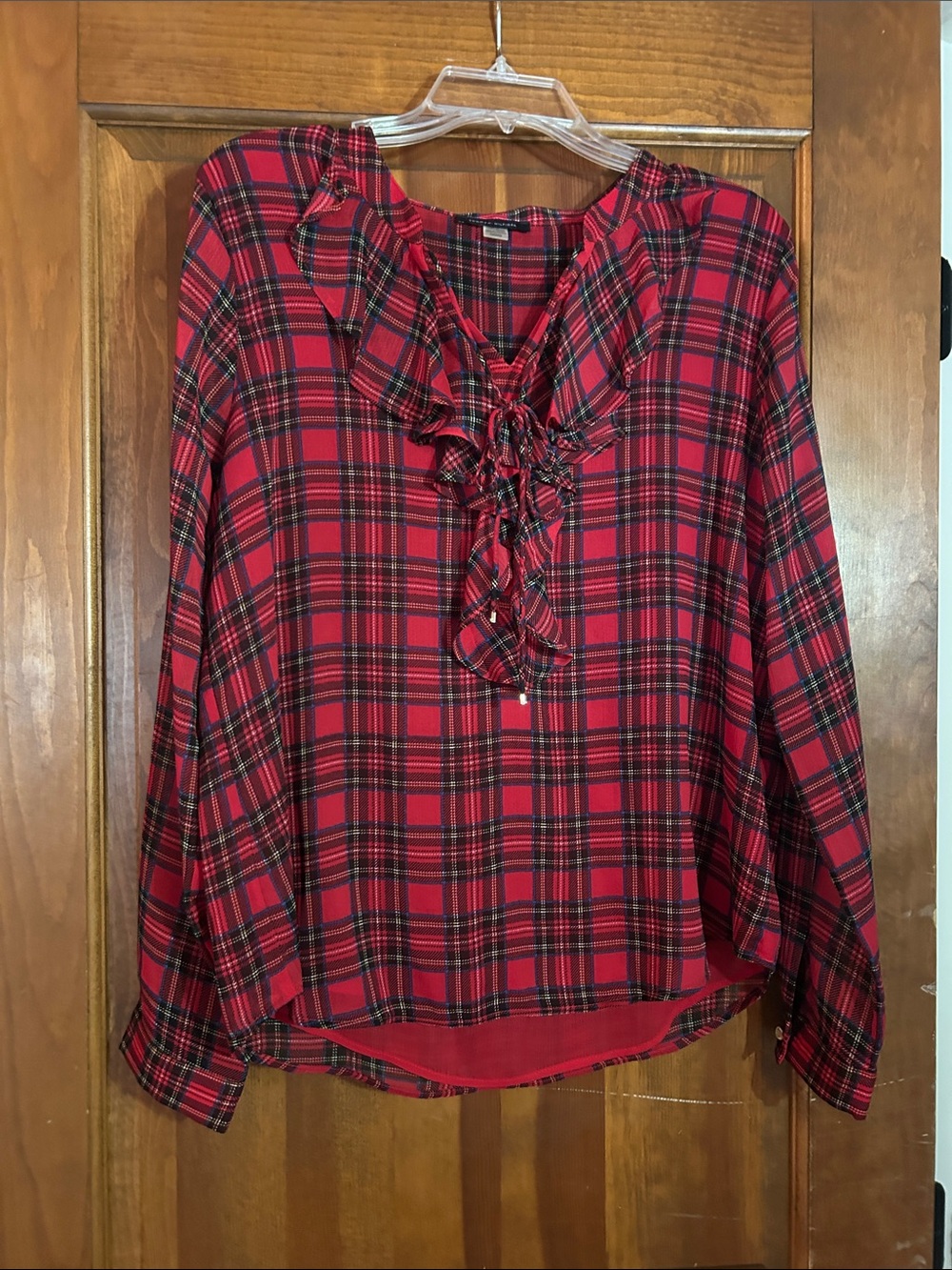 Tommy Hilfiger Red Plaid Ruffle Lace-Up Blouse
